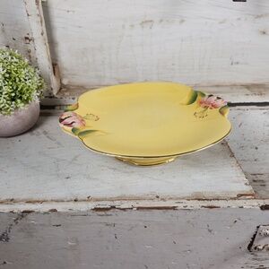 VTG Royal Winton Yellow & Pink Tiger Lily Pedestal Dessert Plate, Cake Stand